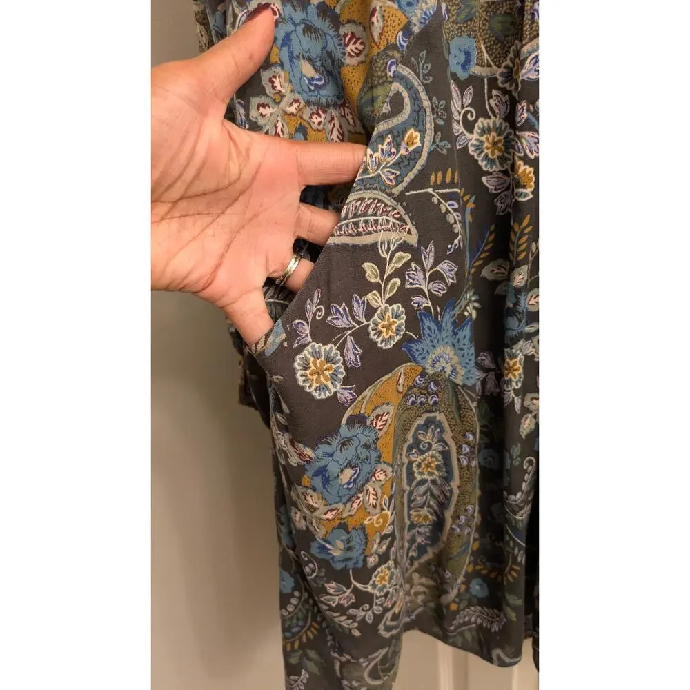 Free People Boho Paisley Floral Crochet Tunic Dress – Long Sleeve, Pockets
